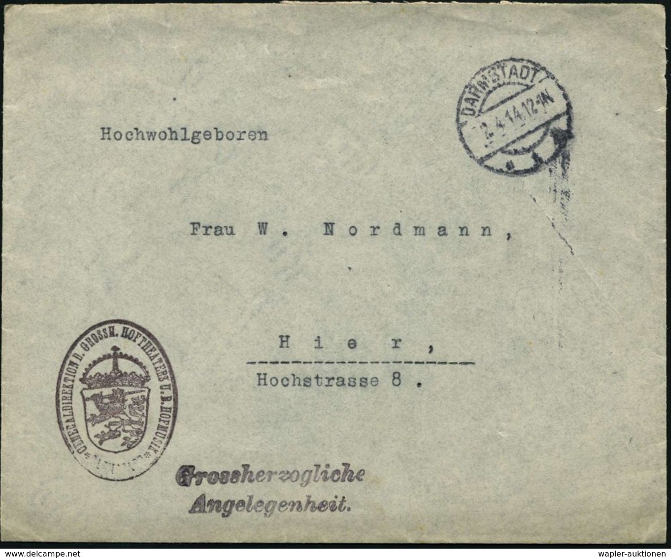 DARMSTADT 1 1914 (2.4.) 1K-Brück + Viol. 2L: Grossherzogl./Angelegenheit + Viol.Oval-HdN: ..GROSSHERZOGL. HOFTHEATER U.D - Autres & Non Classés