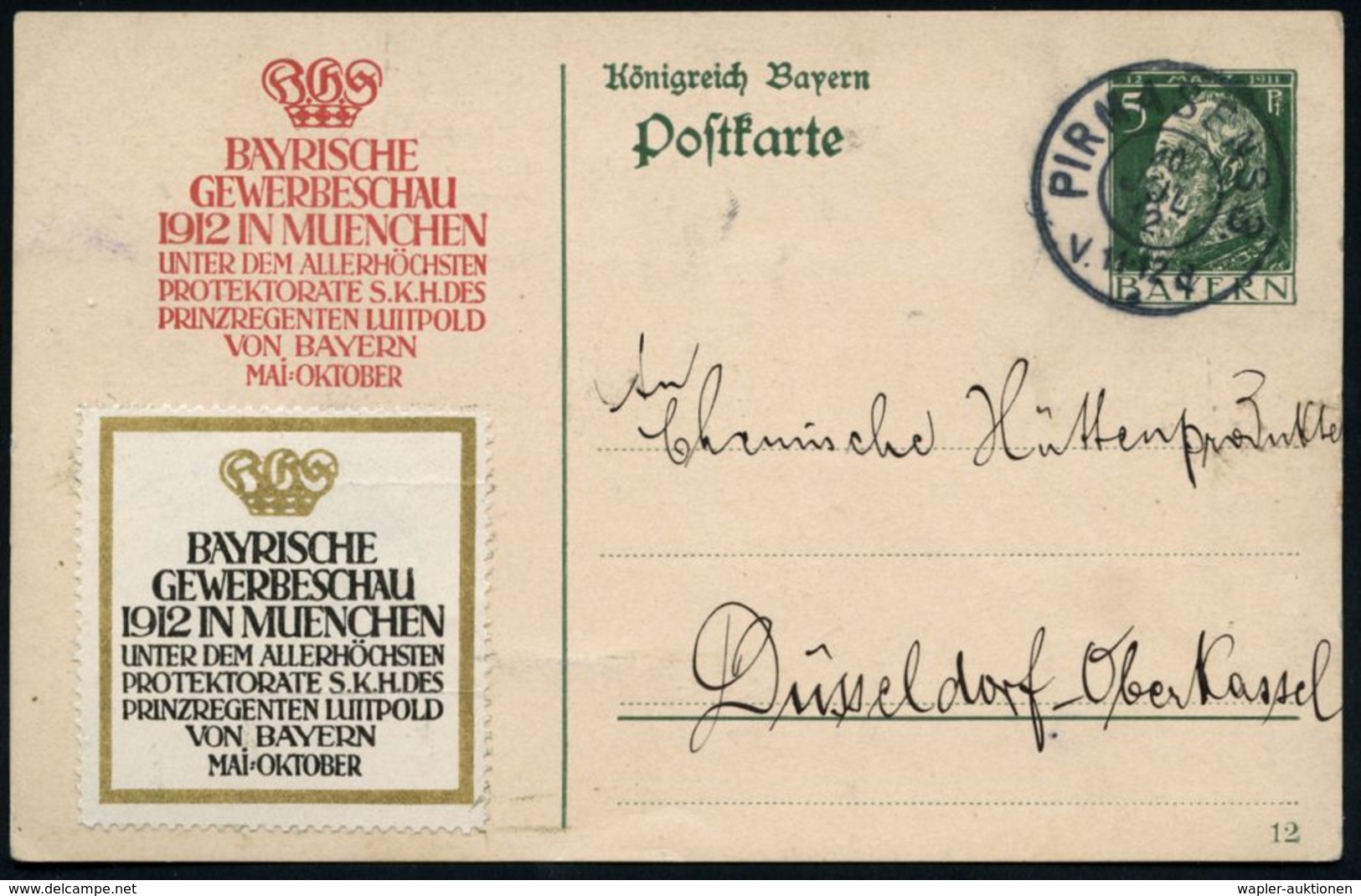 München 1912 (10.7.) 5 Pf. Sonder-P Luitpold, Grün: BAYRISCHE GEWERBESCHAU 1912 MUENCHEN (Monogr.-Krone) + Motivgleiche  - Andere & Zonder Classificatie