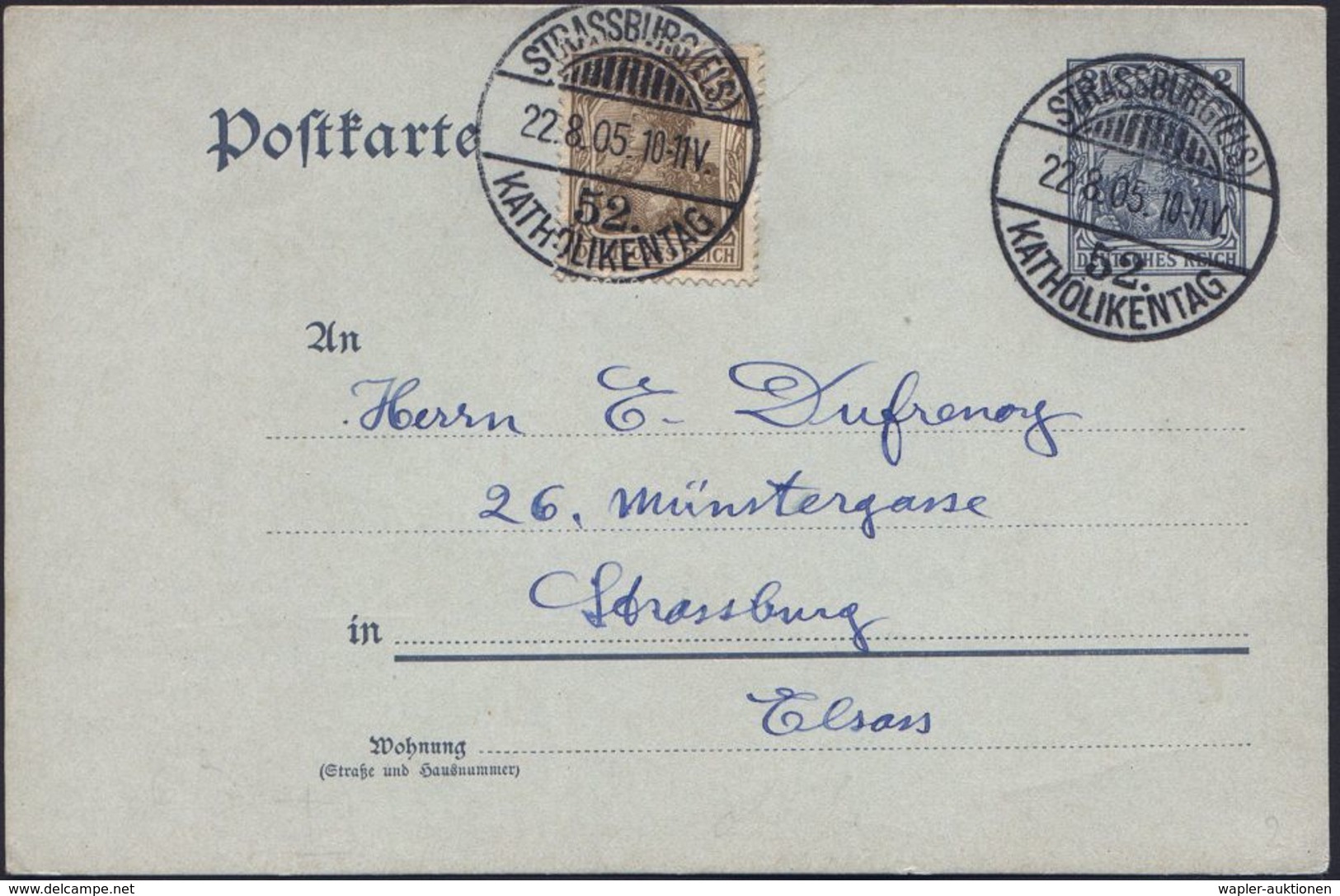 STRASSBURG (ELS)/ 52./ KATHOLIKENTAG 1905 (22.8.) Sehr Seltener SSt 2x Glasklar Auf Orts-P. 2 Pf. Germania + Zusatz-Fran - Altri & Non Classificati