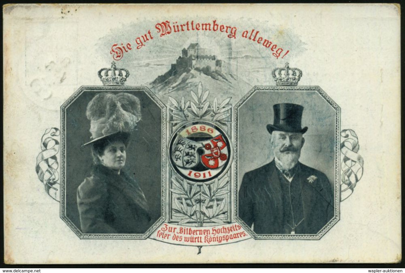 Stuttgart Nr.1 1911 (8.4.) 1K Auf PP 5 Pf. Germania, Grün: Silberhochzeit Des Württbg. Königspaares (2 Kronen, Burg, Wap - Autres & Non Classés