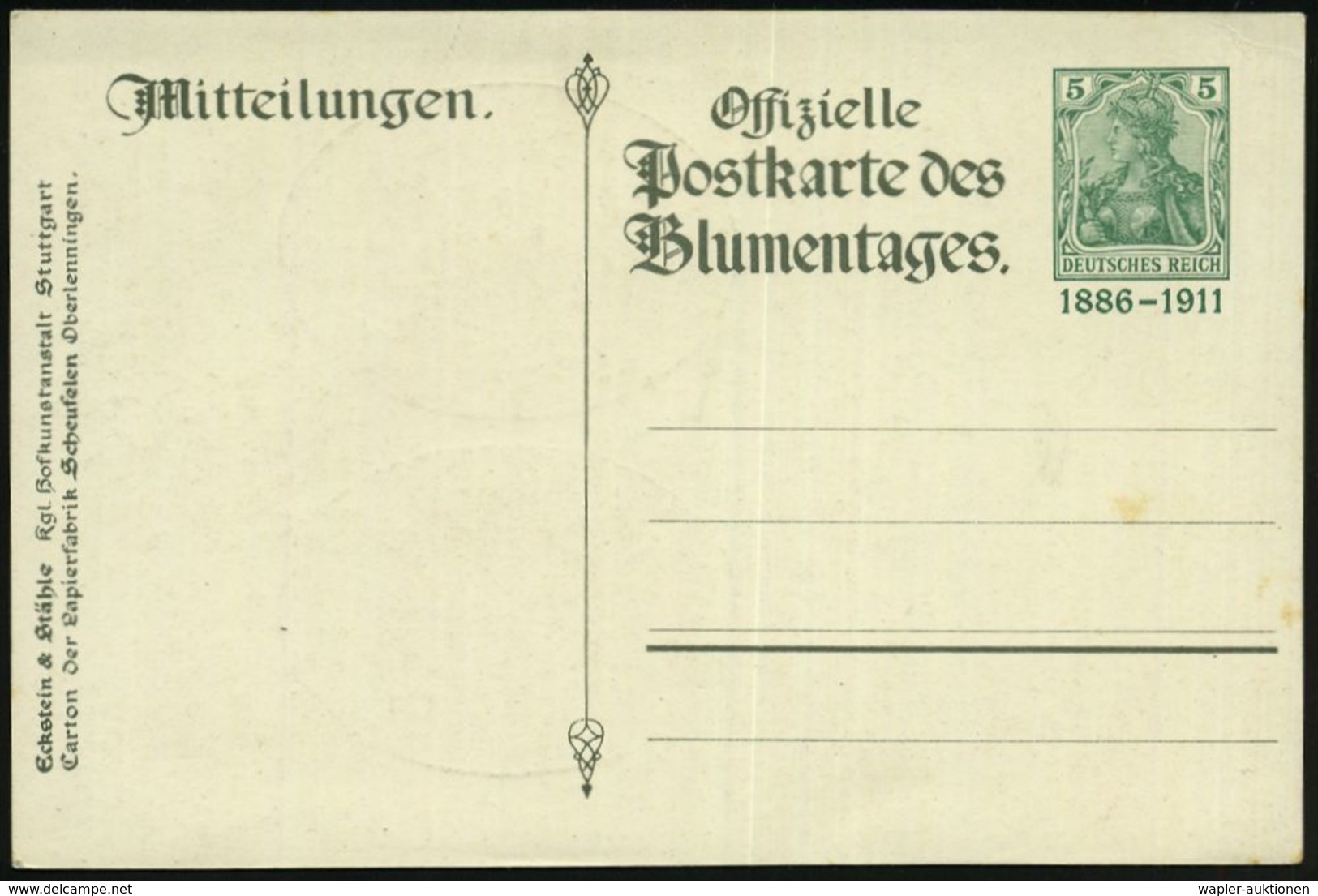 Stuttgart 1911 PP 5 Pf.Germania, Grün: Blumentag = Silberhochzeit Königspaar = Nelken (Krone, Wappen, Königspaar Etc.) U - Andere & Zonder Classificatie