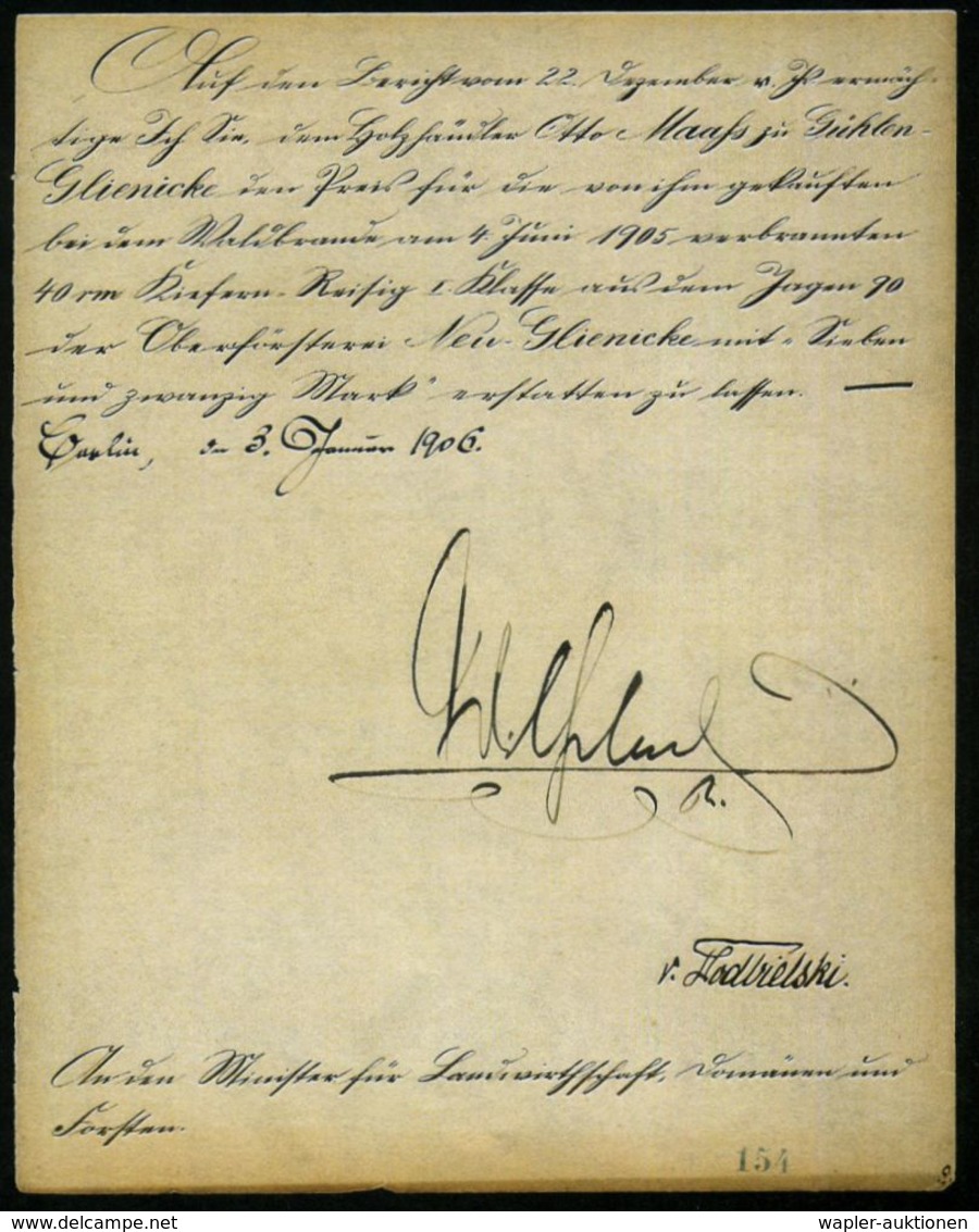 DEUTSCHES REICH 1906 (3.1.) Dokument Des Landwirtschafts-Ministeriums, Berlin Für Einen Holzhändler In Glienicke Mit Ori - Autres & Non Classés