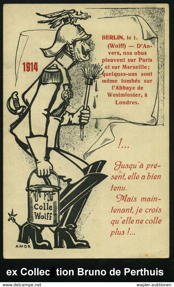 FRANKREICH 1914 Zweifarbige Propaganda-Künstler-Ak.: Wollf-Plakat Mit Lügen über Die Reichweite Deutscher Geschütze, Pla - Sonstige & Ohne Zuordnung