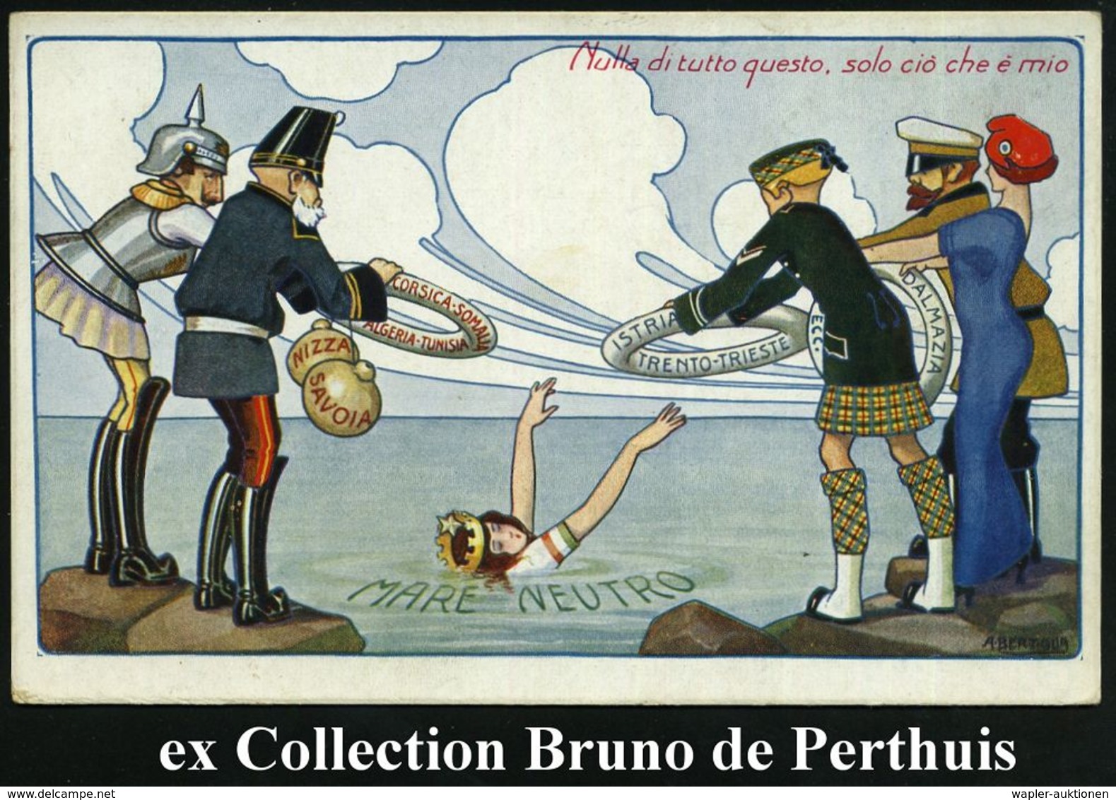 ITALIEN 1915 Color-Propaganda-Künstler-Ak.: MARE NEUTRO = "ertrinkendes" Mittelmeer, Die Mittelmächte U. Entente Mit Ret - Sonstige & Ohne Zuordnung