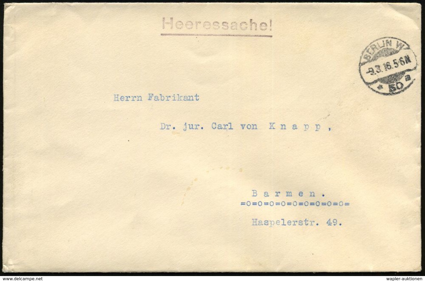 BERLIN W/ *50a 1916 (9.3.) 1K-Gitter + Viol. 1L: Heeressache!, Rs. Rote Siegeloblate: ..KAISERL. KOMMISSARS U. MILIT.-IN - WO1