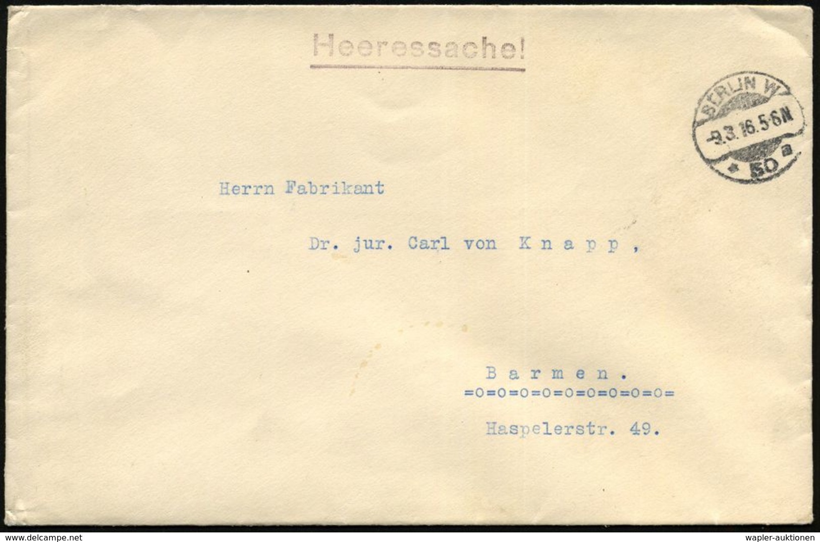 BERLIN W/ *50a 1916 (9.3.) 1K-Gitter + Viol. 1L: Heeressache!, Rs. Rote Siegeloblate: ..KAISERL. KOMMISSARS U. MILIT.-IN - Prima Guerra Mondiale