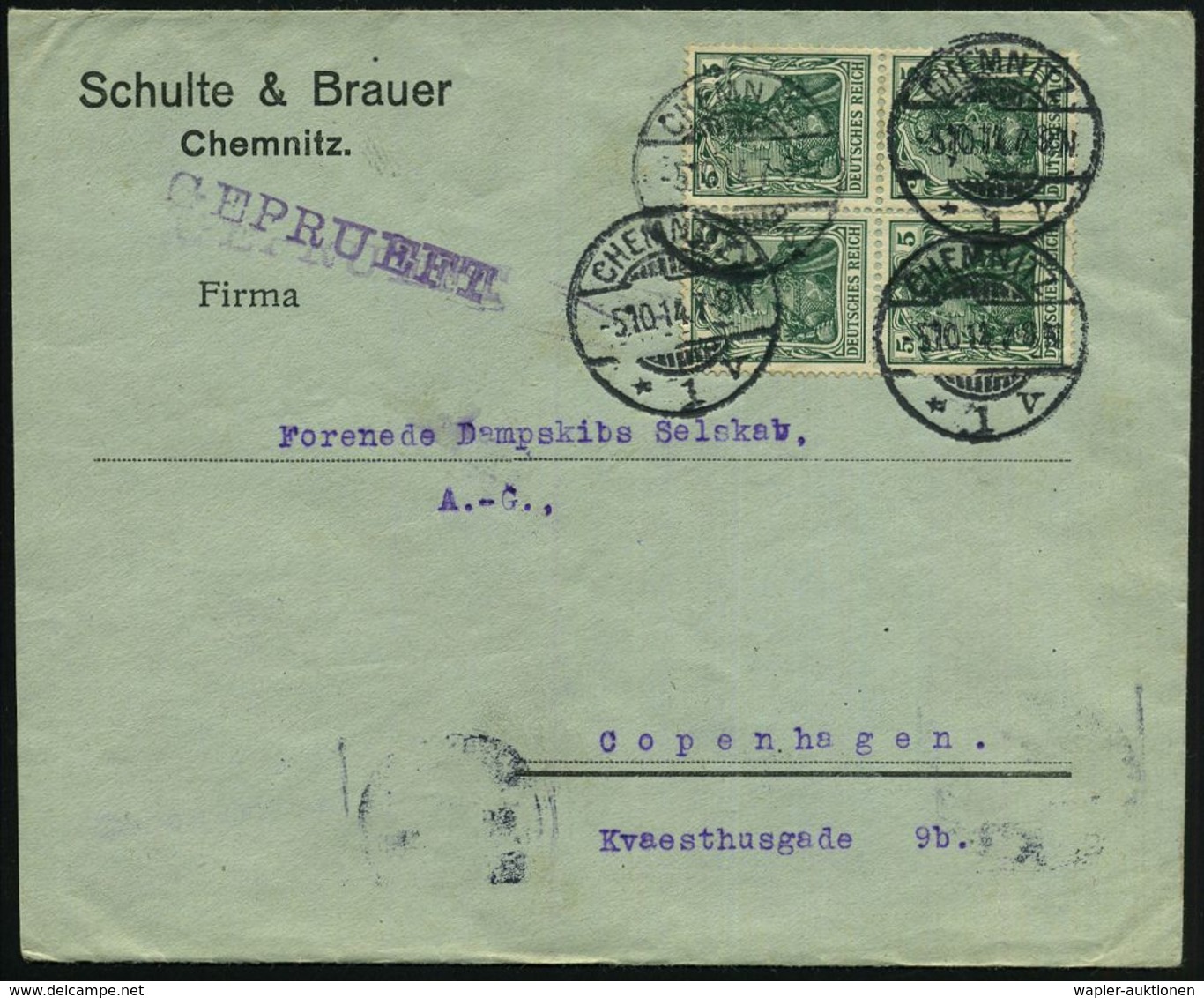 CHEMNITZ/ *1v 1914 (5.10.) 1K-Gitter 4x Auf 4er-Block 5 Pf. Germania + Viol. 1L:  G E P R Ü F T  (Wo.4) Nur 1914 Verwend - Guerre Mondiale (Première)