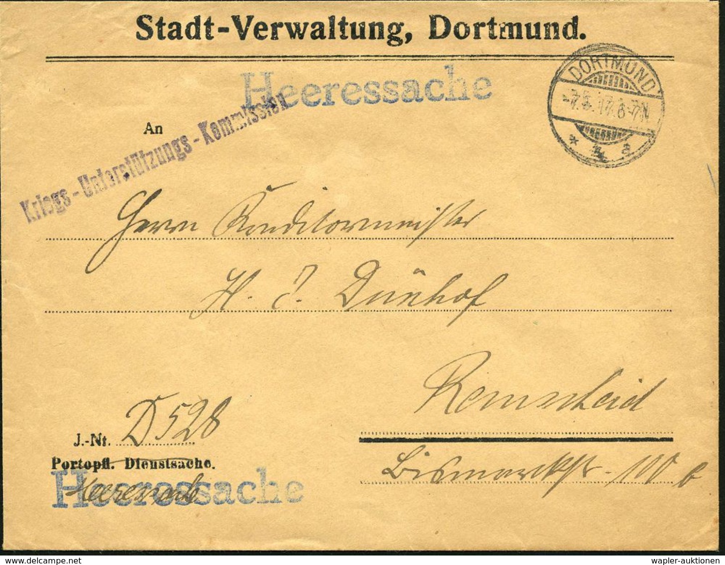 DORTMUND/ *4a 1917 (7.5.) 1K-Gitter + Viol. 1L: Kriegs-Unterstützungs-Kommission , Vordr.-Bf.: Stadt-Verwaltung Dortmund - WW1