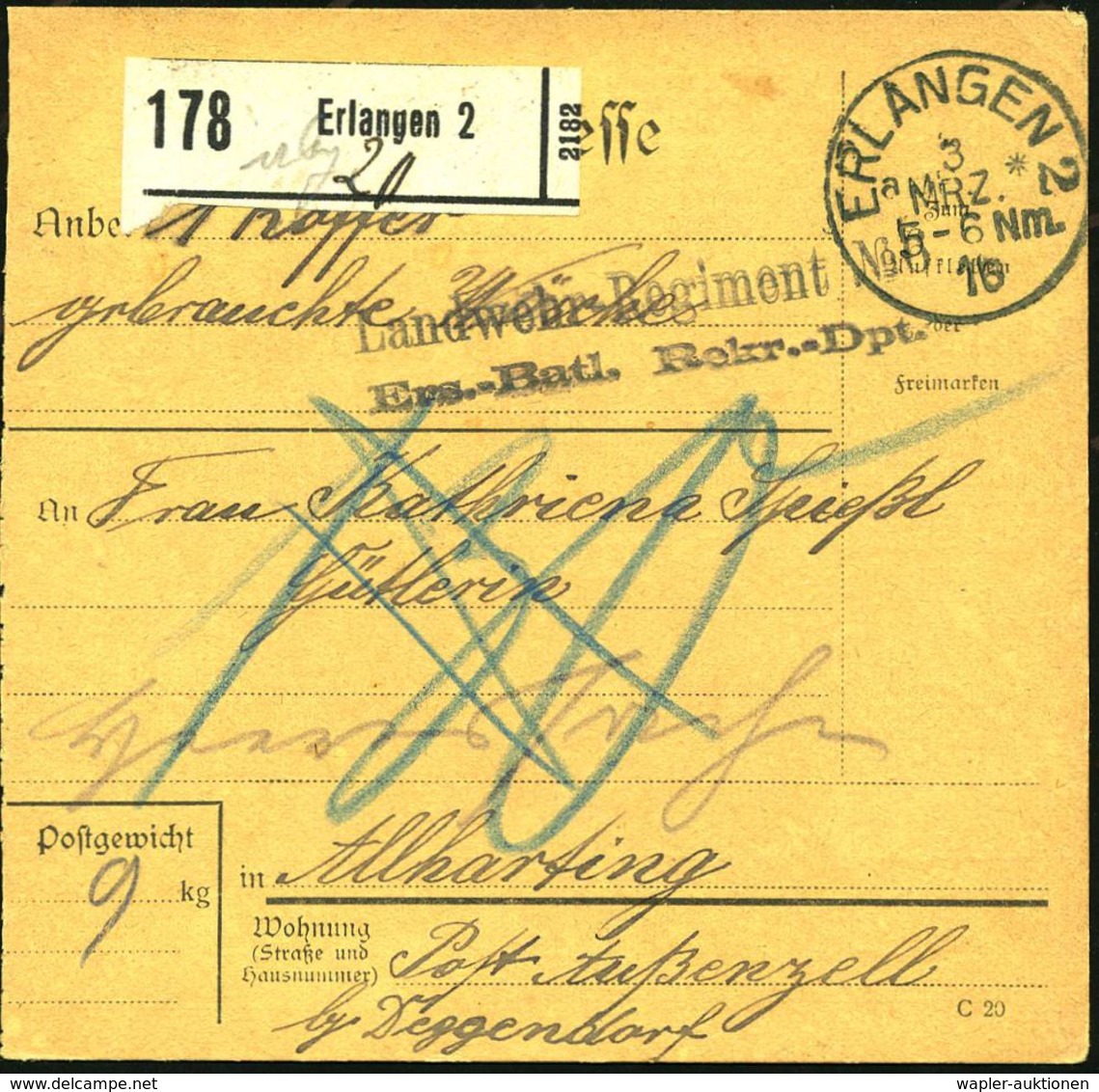 ERLANGEN 2/ A* 1916 (3.3.) 1K + Schw. Paketzettel: Erlangen 2 + Viol. 2L: Landwehr-Regiment No.6/Ers.-Batl. Rekr.-Dpt. M - WO1
