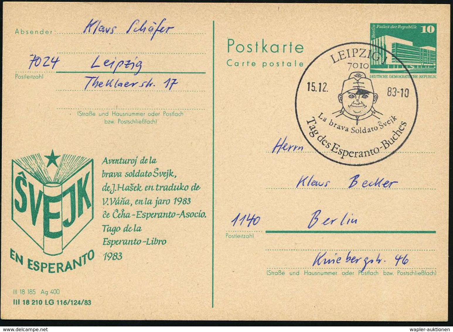 7010 LEIPZIG 1/ La Brava Soldato Svejk/ Tag Des Esperanto-Buches 1983 (15.12.) SSt = Kopfbild Soldat "Schweijk" (mit Müt - 1. Weltkrieg