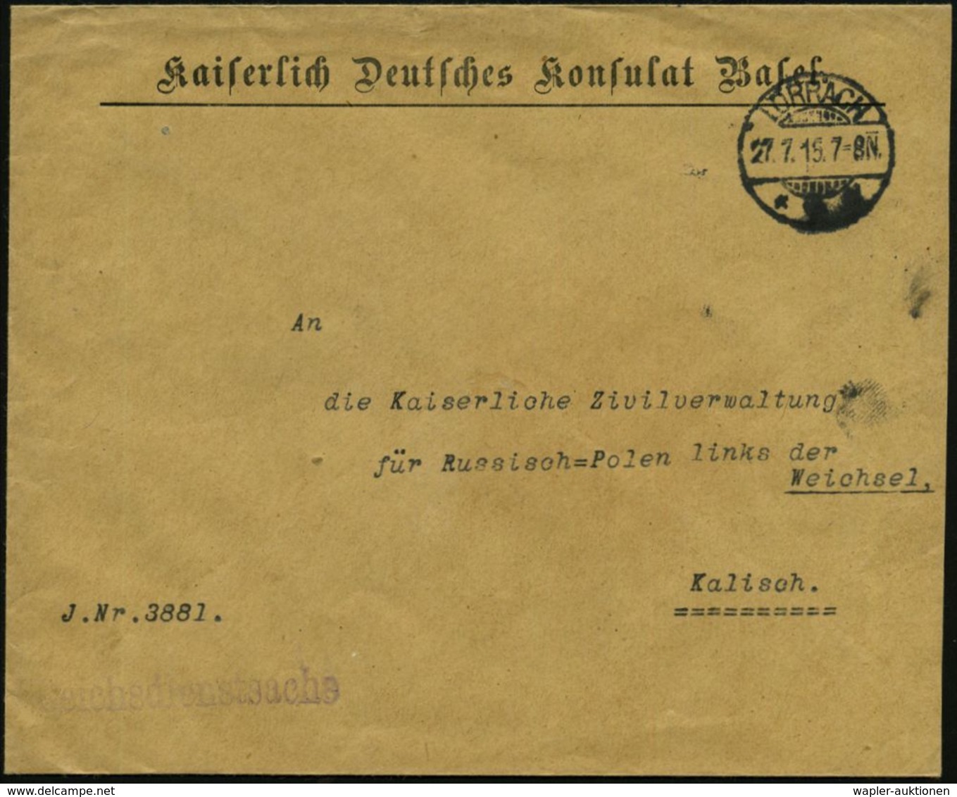 LÖRRACH 1915 (27.7.) 1K-Gitter Auf Markenlosem Dienst-Bf.: Kaiserlich Deutsches Konsulat Basel + Viol. 1L: Reichsdienst- - WO1