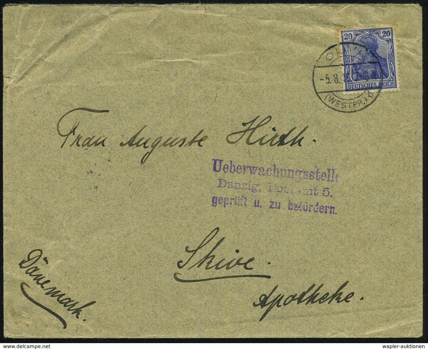 OLIVA/ (WESTPR.)/ B 1916 (5.8.) 1K-Steg Auf EF 20 Pf. Germania + Seltener, Viol. Zensur-3L: Ueberwachungsstelle/ Danzig, - Guerre Mondiale (Première)