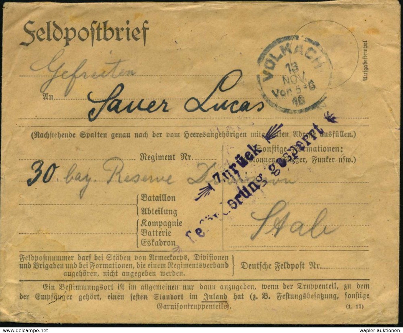 VOLKACH 1918 (13.11.) 1K + Viol. 2L: Zurück/ Beförderung Gesperrt = Feldpostsperre Nach Dem Waffenstillstand ! , Später  - Prima Guerra Mondiale