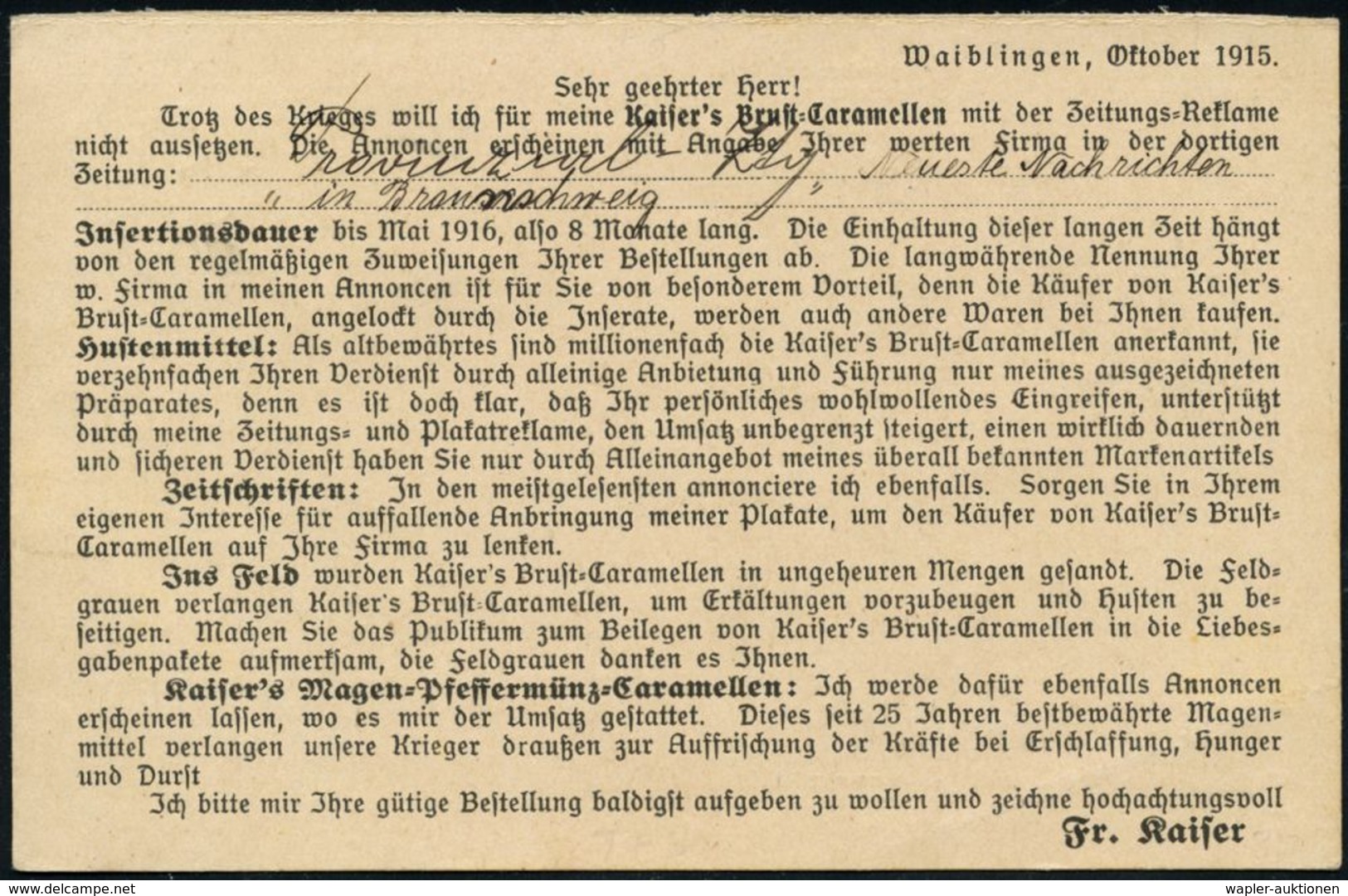 WAIBLINGEN 1915 (1.10.) 1K Auf Reklame-PP 5 Pf.Germania Grün, Frageteil: ..Kriegspackung..Kaiser's Brust-Caramellen  (Wa - Prima Guerra Mondiale