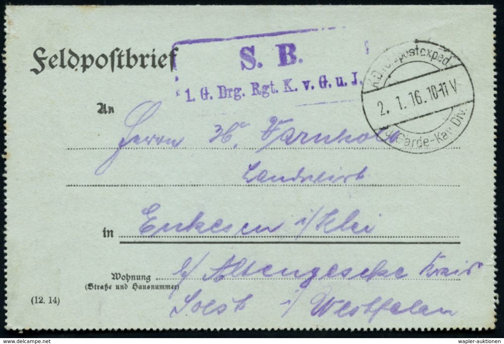 DEUTSCHES REICH 1916 (2.1.) 1K-Steg: K.D. Feldpostexped./d. Garde-Kav. Div. (ohne UB, Nr.1488 Nur 1 Jahr Verwendet!) + V - WO1