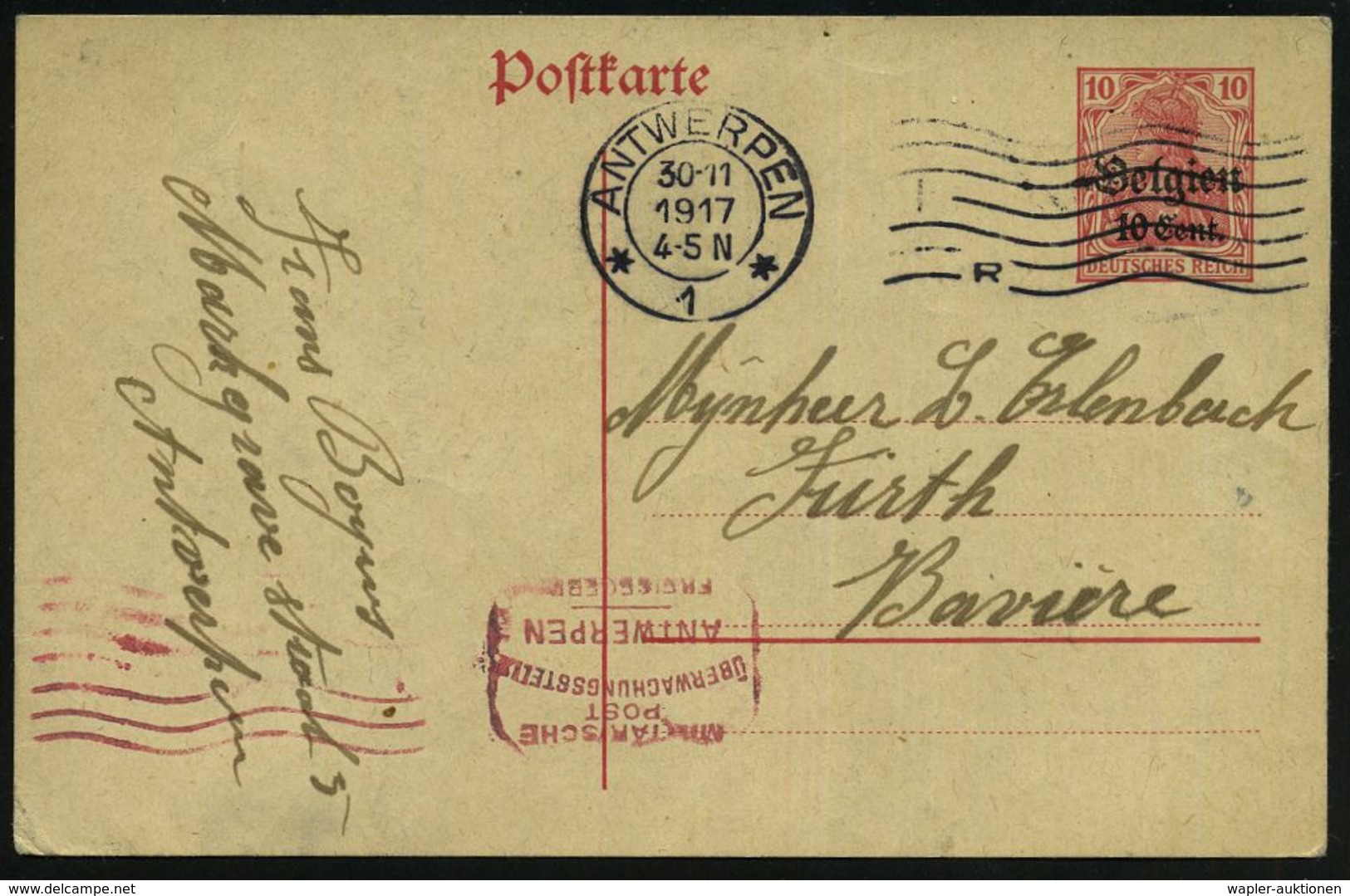 DT.BES.BELGIEN 1917 (10.11.) MaWellenSt: ANTWERPEN/*1*/I/R = Typ "International" Auf Ausl.-P 10 C./10 Pf. Germania + Rot - WO1