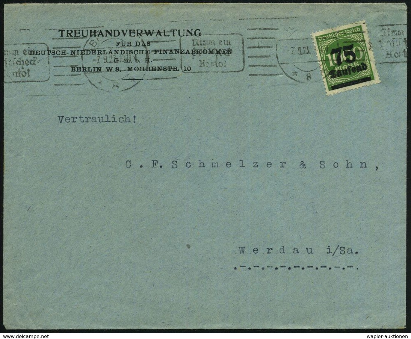 Berlin W8 1923 (7.9.) Dienst-Bf.: TREUHANDVERWALTUNG FÜR DAS DEUTSCH-NIEDERLÄNDISCHE FINANZABKOMMEN.. , EF 75 T. /1000 M - Guerre Mondiale (Première)