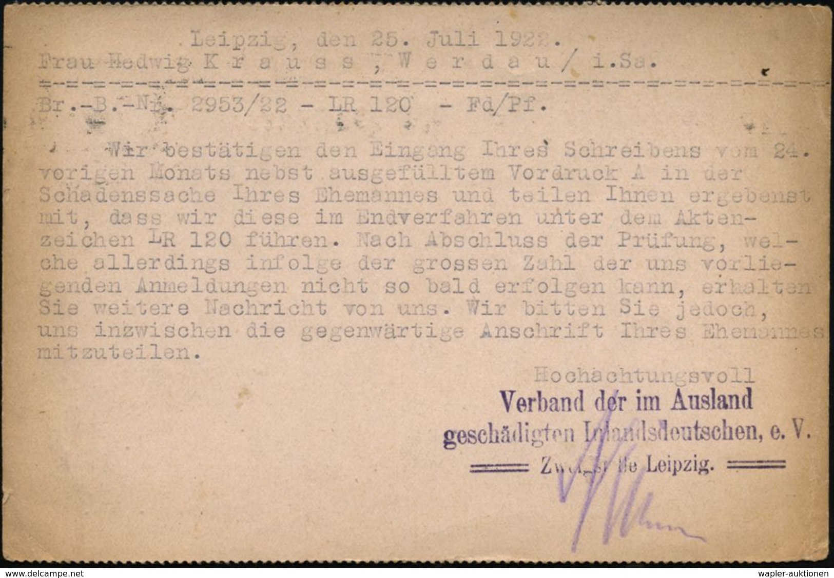 Leipzig 1922 (25.7.) Dienst-Kt.: Verband Der Im Ausland Geschädigten Inlandsdeutschen E.V.. , Rs. Entspr. Viol. Abs.-3L, - WW1