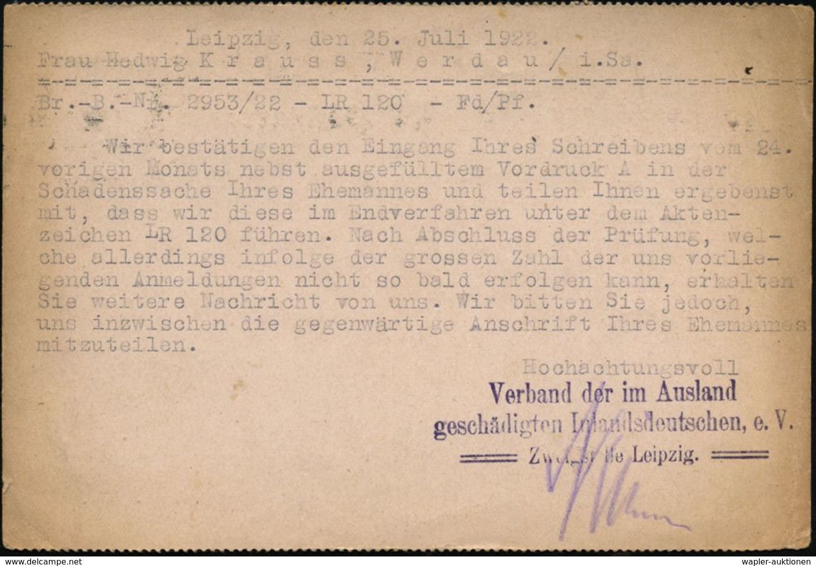 Leipzig 1922 (25.7.) Dienst-Kt.: Verband Der Im Ausland Geschädigten Inlandsdeutschen E.V.. , Rs. Entspr. Viol. Abs.-3L, - WO1