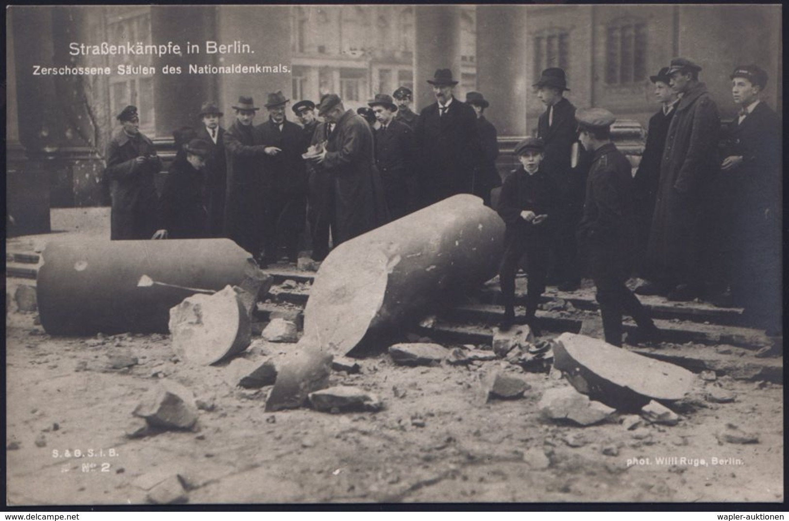 Berlin 1919 (Jan.) S/w.-Foto-Ak.: Straßenkämpfe In Berlin, Zerschossene Säule Des Nationaldenkmals, Fotograf Willi Ruge  - Sonstige & Ohne Zuordnung