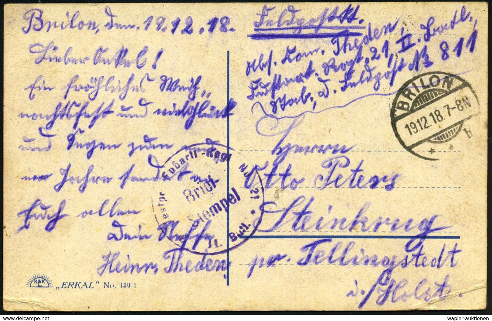 BRILON/ **b 1918 (19.12.) 1K-Gitter + Viol. 1K-HdN: Westpr. Fußartl.-Regt. No. 21/ II. Batl. + Hs. Abs.: ".. Stab, D. Fe - Sonstige & Ohne Zuordnung