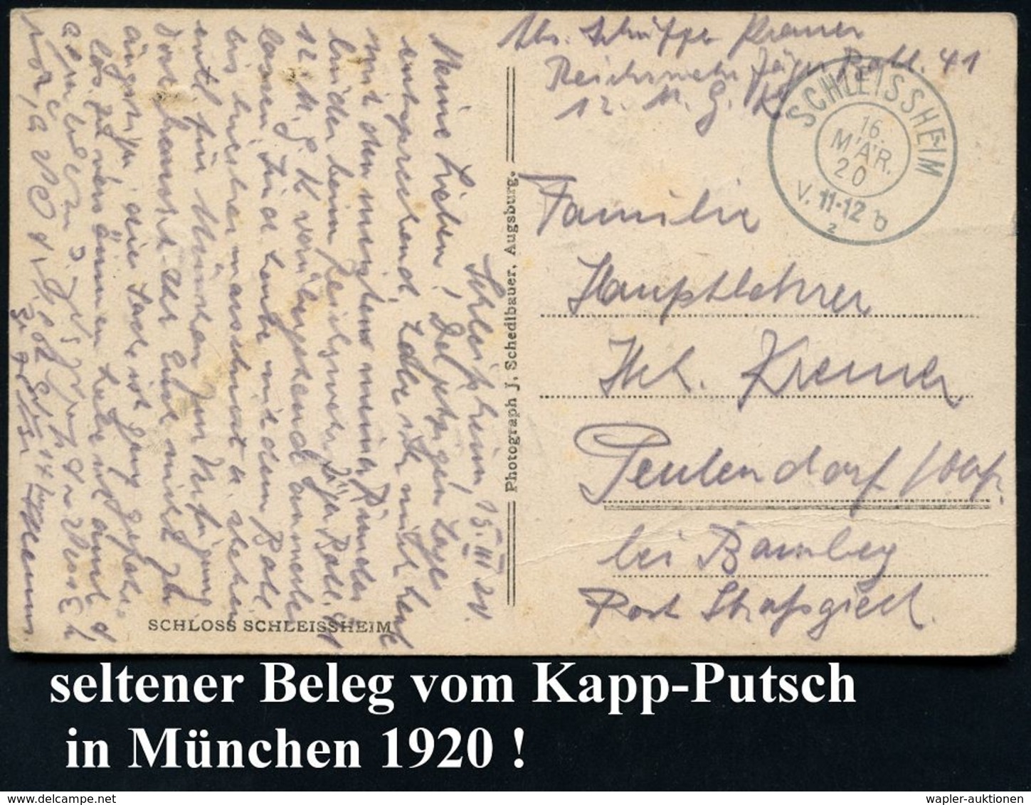 SCHLEISSHEIM/ B/ 2 1920 (16.3.) Bayer. 2K + Hs. Abs.: "Reichswehr Jäger Batl. 41..", Interess. Text: ".. Stehen Für Münc - Andere & Zonder Classificatie