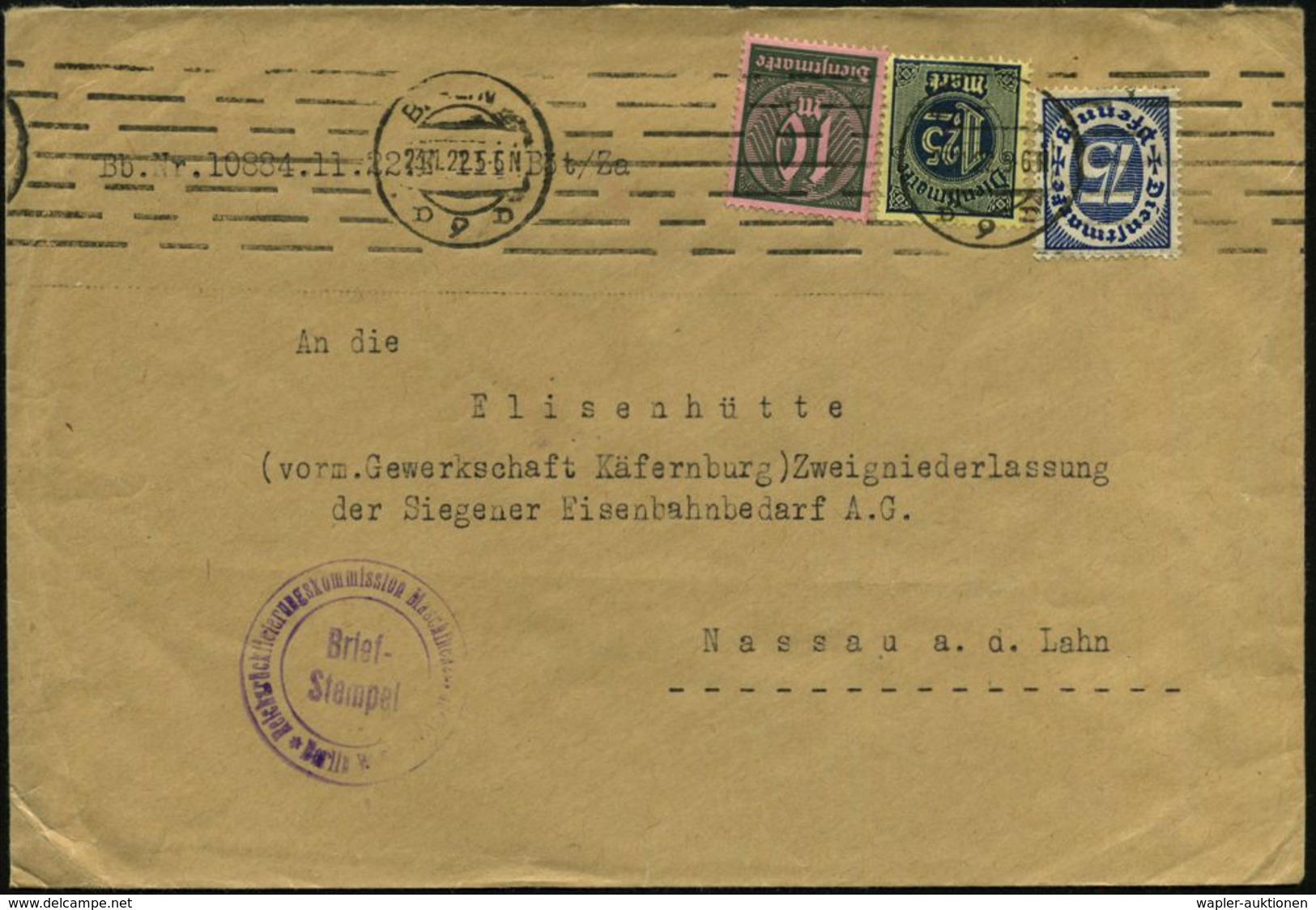 BERLIN W/ D9D 1922 (23.11.) BdMaSt Auf Infla-Dienst-Buntfrank. + Viol. 2K-HdN: Rücklieferungskommission Maschinenbau  =  - Andere & Zonder Classificatie