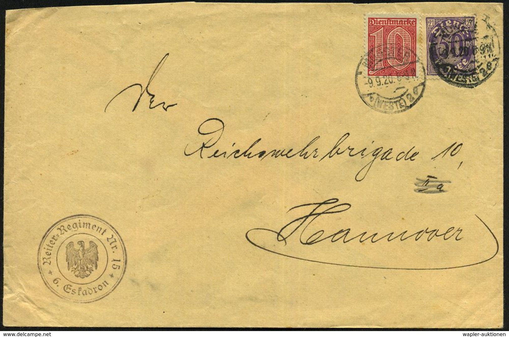 MÜNSTER/ *(WESTF.) 2/ I 1920 (9.9.) 1K-Steg Auf Dienst 10 Pf. U. 50 Pf. + Viol. 3K-HdN: Reiter-Regiment Nr. 15/ 6. Eskad - Autres & Non Classés