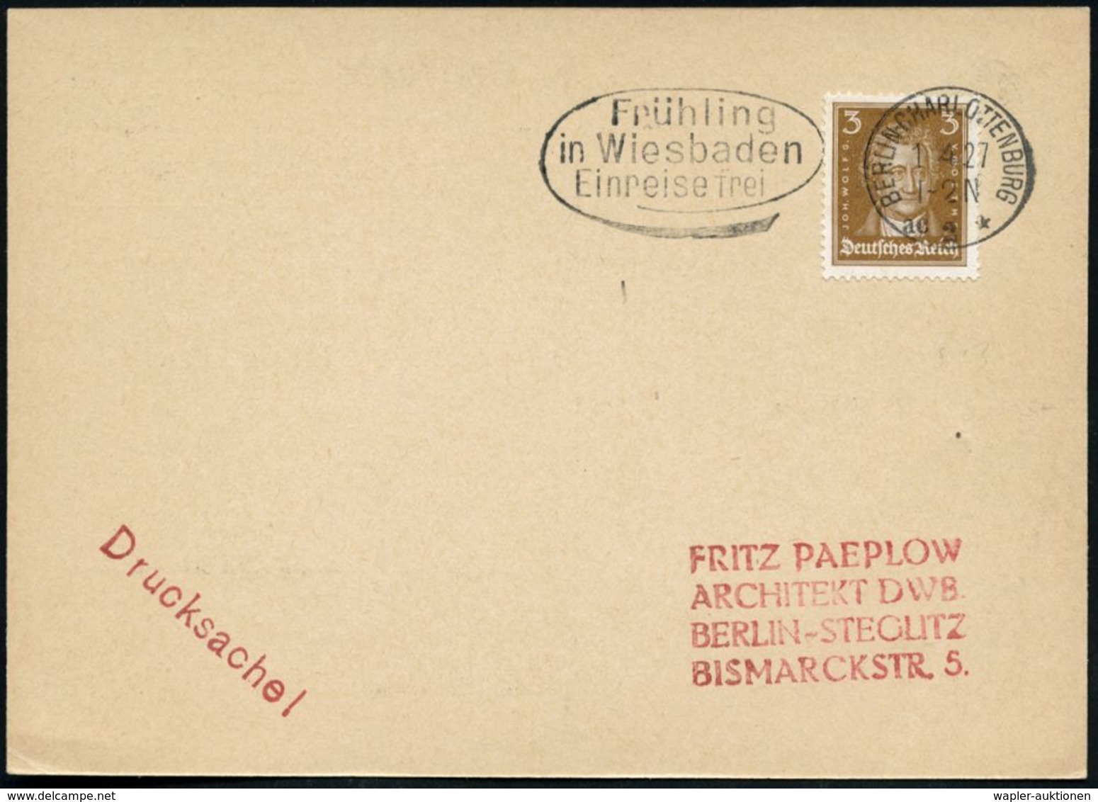 BERLIN-CHARLOTTENBURG/ Ac 2*/ Frühling/ In Wiesbaden/ Einreise Frei 1927 (1.4.) Seltener MWSt ,klar Auf Drs.-Kt (Bo.S 53 - Autres & Non Classés