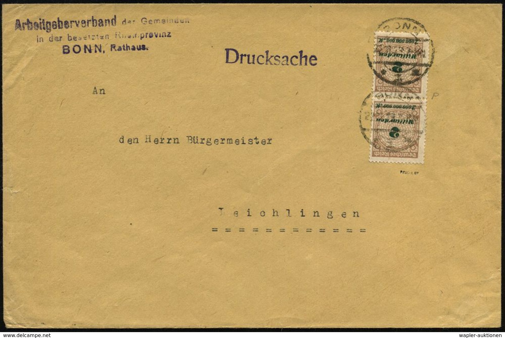 BONN 1 1923 (22.11.) 1K-Brücke Auf Infla-Paar 2 Mia. + Viol. Abs-3L: Arbeitgeberverband Der Gemeinden/ In Der Besetzten  - Sonstige & Ohne Zuordnung