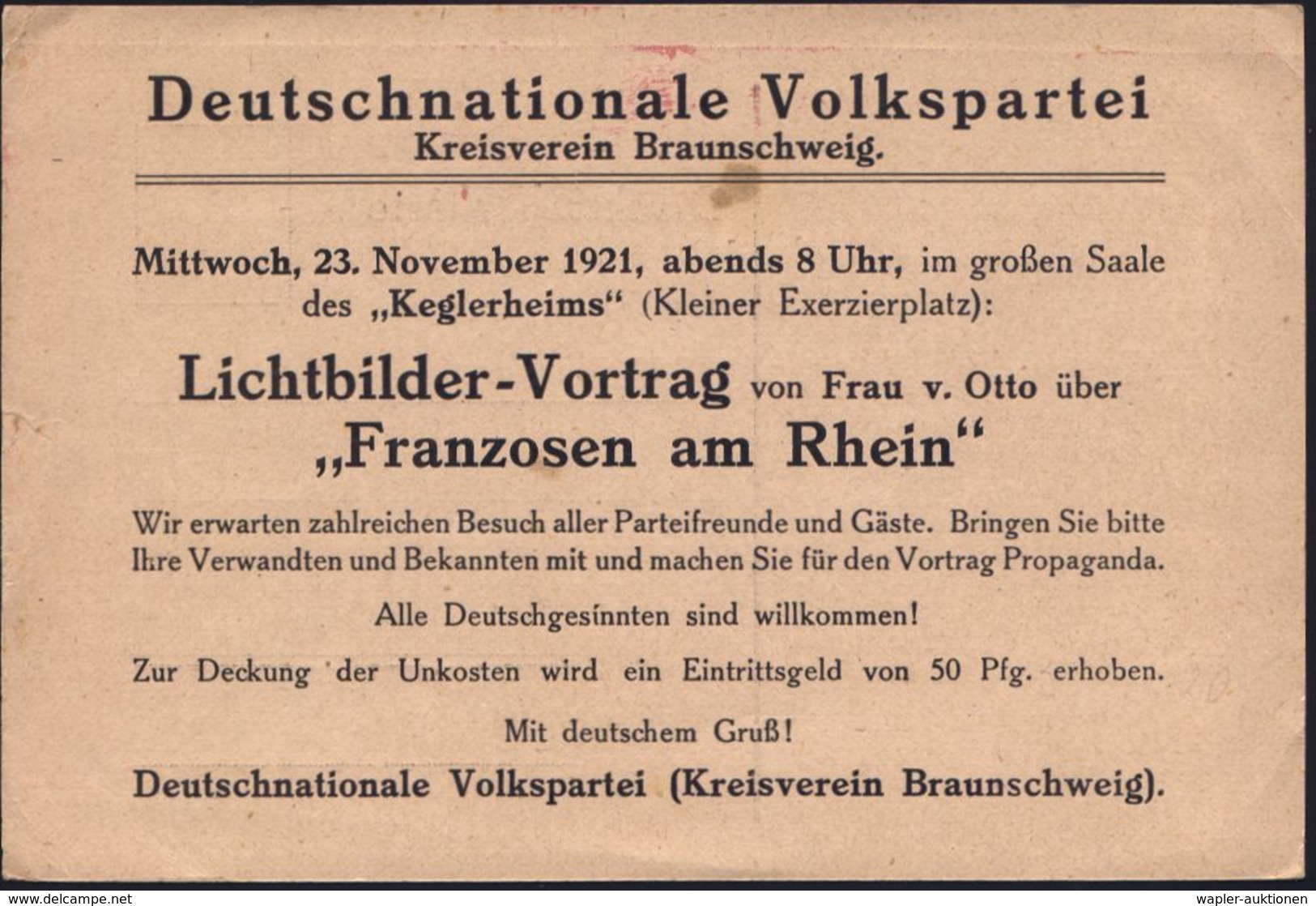 BRAUNSCHWEIG/ *1II 1921 (2.11.) PFS Ziermuster 10 Pf. Auf Einladungs-Kt. (kl. Randrißchen): Deutschnationale Volkspartei - Andere & Zonder Classificatie