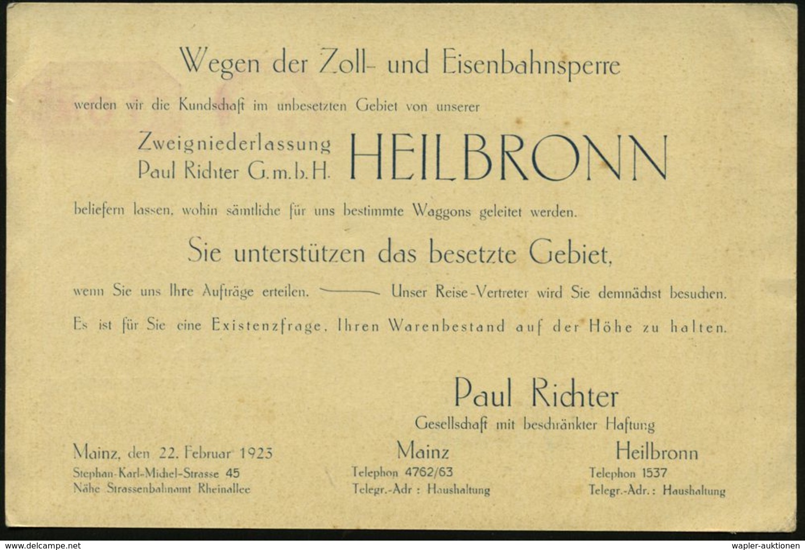 HEILBRONN (NECKAR)/ *1II/ DEUTSCHES REICH 1923 (24.2.) PFS 10 M (ark) Auf Reklame-Kt.: Wegen Der Zoll- U. Eisenbahnsperr - Autres & Non Classés