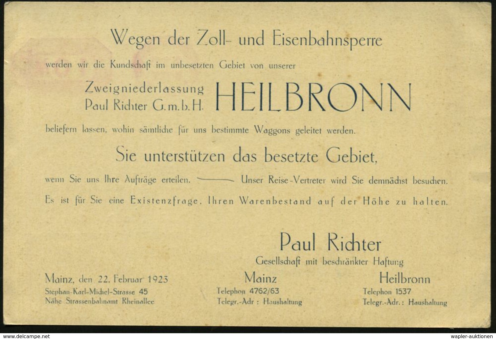 HEILBRONN (NECKAR)/ *1II/ DEUTSCHES REICH 1923 (24.2.) PFS 10 M (ark) Auf Reklame-Kt.: Wegen Der Zoll- U. Eisenbahnsperr - Andere & Zonder Classificatie