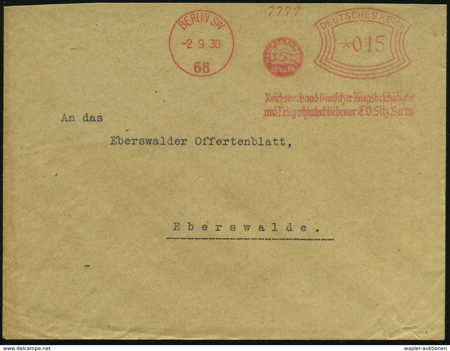 BERLIN SW/ 68/ Reichsverband Deutscher Kriegsbeschädigter/ U.Kriegshinterbliebener EV.. 1932 (16.6.) Seltener AFS (Logo  - Andere & Zonder Classificatie