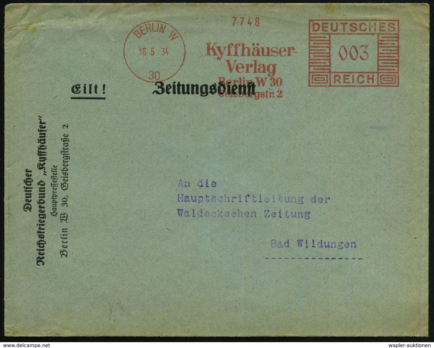 BERLIN W/ 30/ Kyffhäuser-/ Verlag 1935 (19.6.) AFS Klar Auf Vordr.Bf.: Deutscher Reichskriegerbund "Kyffhäuser".. Zeitun - Altri & Non Classificati