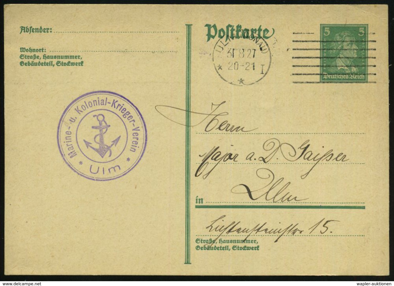 ULM (DONAU)/ **I 1927 (31.8.) MaStrichSt. + Viol. 3K-HdN: Marine- U. Kolonial-Krieger-Verein/Ulm (Anker) Rs. Zudruck: He - Altri & Non Classificati