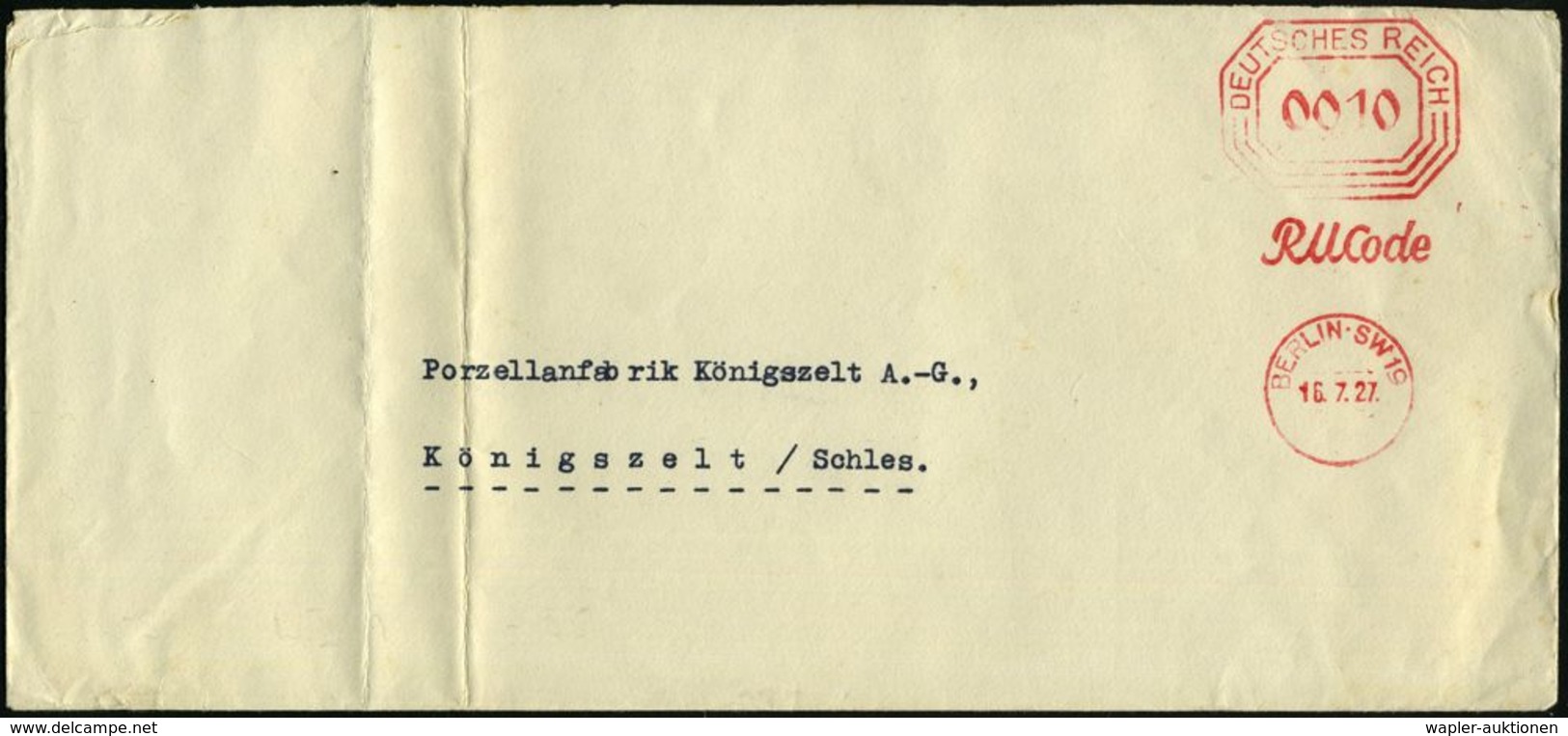 BERLIN.SW 19/ RM Code 1927 (16.7.) AFS-Vorläufer "Bafra" 0010 Pf. (vierstellig, Vertikalachse) Rs. Abs.: Berliner Tagebl - Andere & Zonder Classificatie