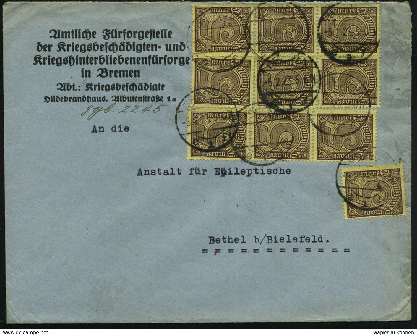 Bremen 1923 (5.2.) Dienst-Bf.: Amtl. Fürsorgestelle Der Kriegsbeschädigten- U. Kriegshinterbliebenen..Hildebrandhaus , 1 - Andere & Zonder Classificatie