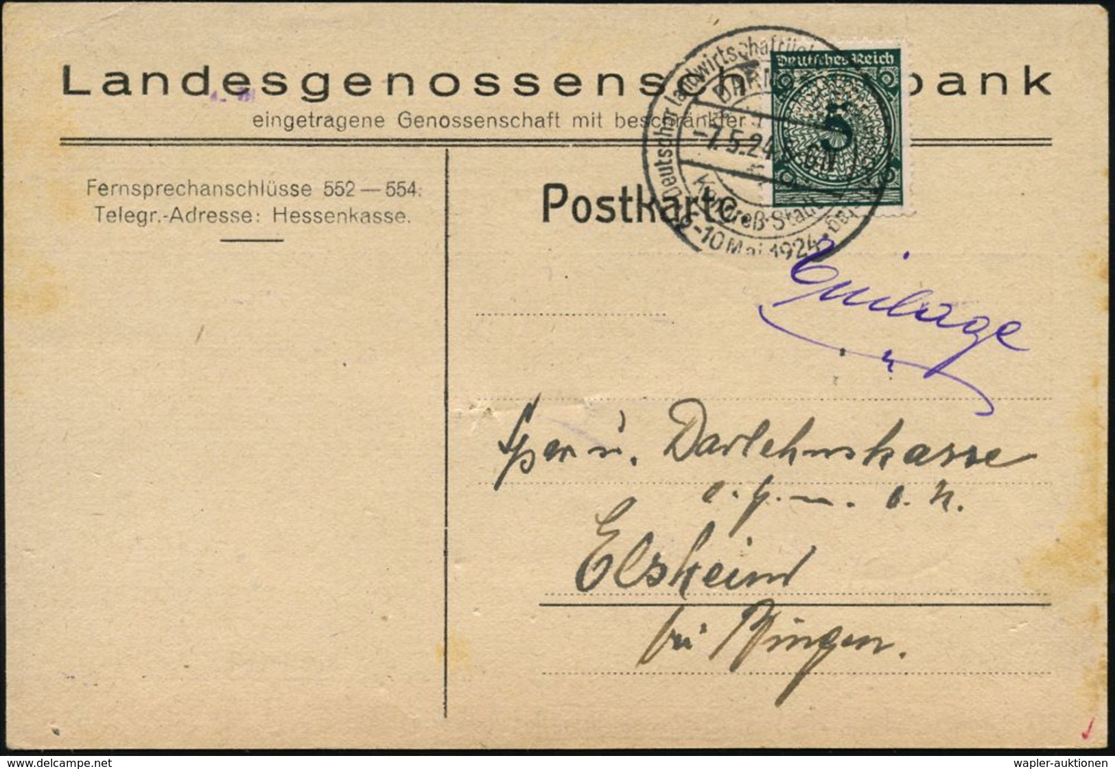 Darmstadt/ Kongreß-Stadt/ Deutscher Landwirtschaftl.Genossenschaftstag/ 6.-10.Mai 1924 (7.5.) Seltener HWSt Auf EF 5 Pf. - Andere & Zonder Classificatie