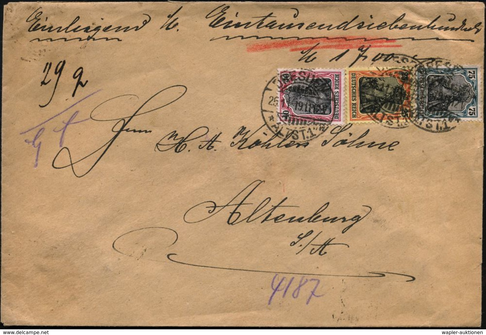 DRESDEN-/ *ALTST.1/ Ww 1919 (25.11.) 1K-Gitter Auf Dreifarben-Frankatur Germania 25 Pf., 40 Pf. U. 75 Pf. , Portorichtig - Autres & Non Classés