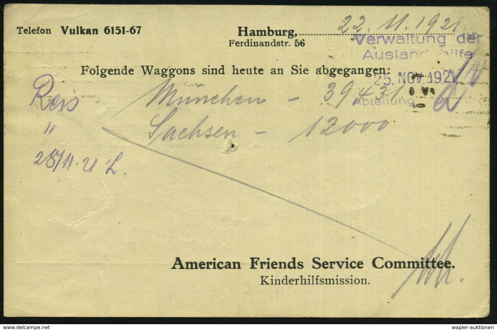 Hamburg 1921 (Nov.) Seltene Vordr.-Kt.: "American Friends Service Committee, Kinderhilfsmission" = US-Kinderhilfs-Organi - Altri & Non Classificati