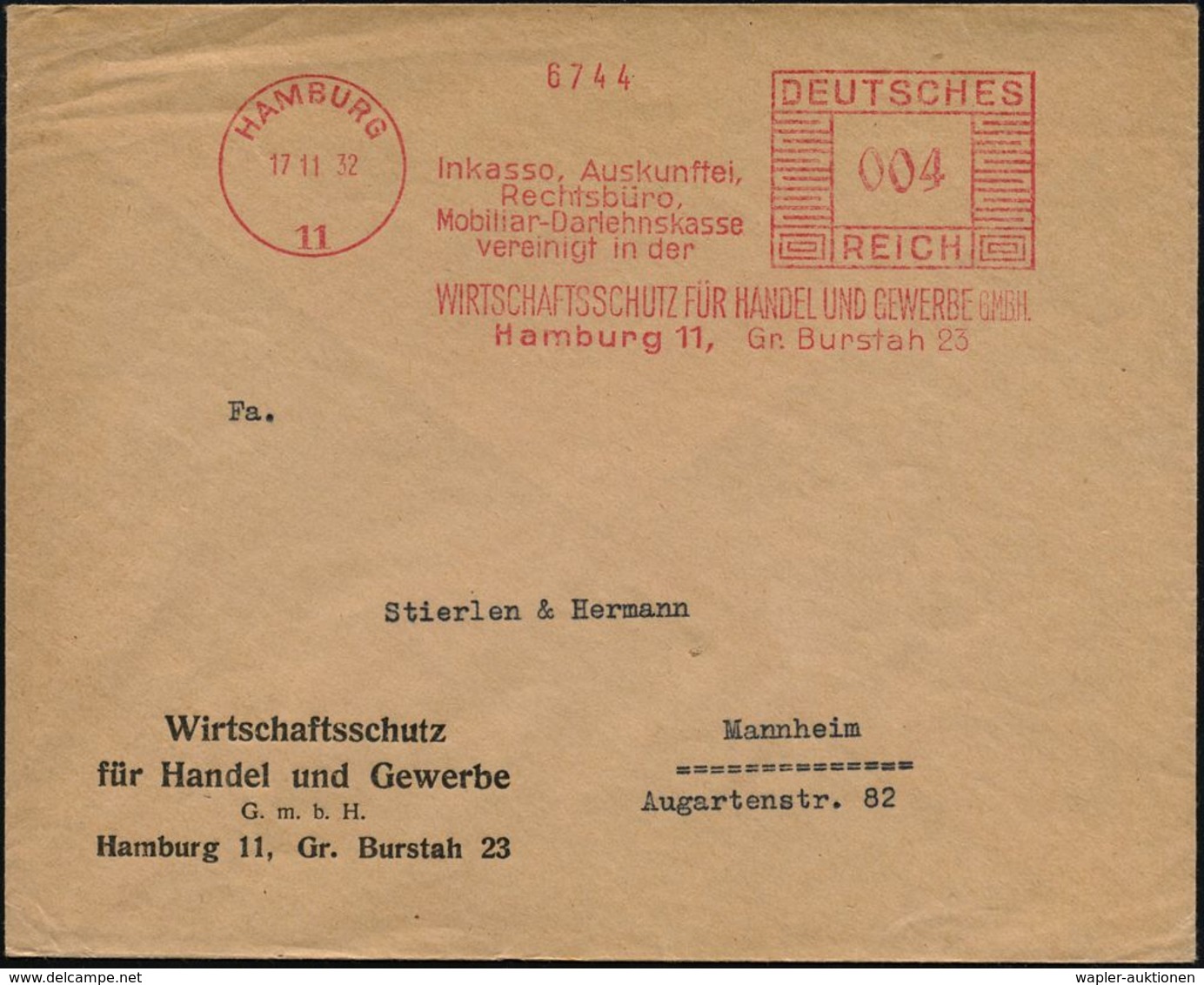 HAMBURG/ 11/ Inkasso, Auskunftei../ WRTSCHAFTSSCHUTZ FÜR HANDEL U.GEWERBE GMBH 1932 (17.11.) AFS Aus Dem Krisenjahr 1932 - Andere & Zonder Classificatie