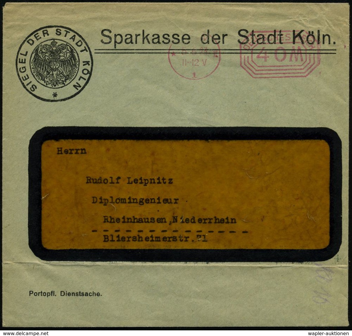 KÖLN/ *1II/ 40 M 1923 (5.6.) PFS 40 Mk. (Ort Oben Undeutl.) Dienst-Bf.: SIEGEL DER STADT KÖLN.. (Sparkasse) Kommunal-Bf. - Altri & Non Classificati