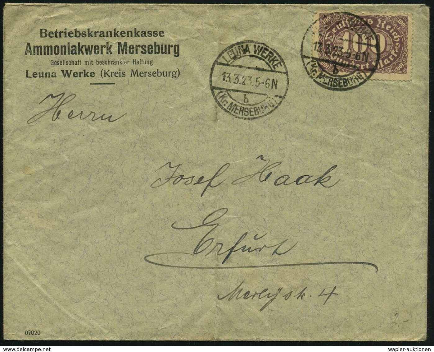 LEUNA WERKE/ B/ (Kr.MERSEBURG) 1920 (13.3.) Seltene 1K-Brücke = Hauspostamt Chemiewerk Leuna! 2x Auf EF 100 Mk. Ziffer ( - Andere & Zonder Classificatie