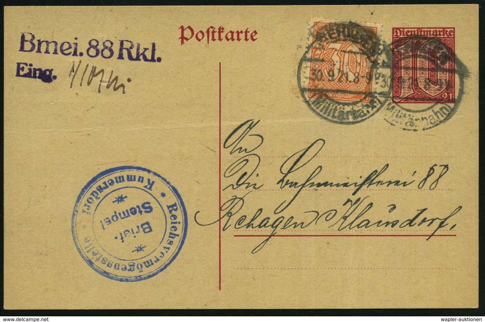 REHAGEN/ (Militärbahn) 1921 (30.9.) 1K-Brücke Auf DP 10 Pf. (kl. Mäng.) + Zusatzfrank. Dienst 30 Pf. + Bl. HdN: Reichsve - Altri & Non Classificati