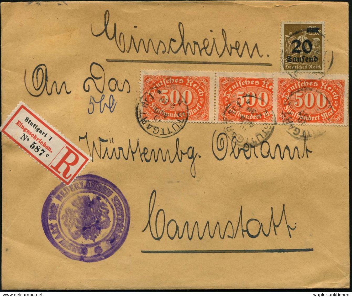 STUTTGART Nr.1/ H* 1923 (30.8.) Alter 1K + RZ: Stuttgart 1 (gez.RZ, "R" Rechts) + Viol. HdN: CONSULAAT DER NEDERLANDE (W - Altri & Non Classificati