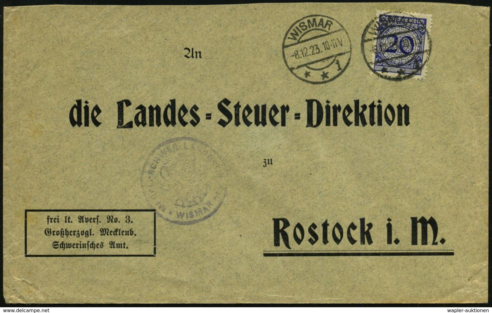 WISMAR/ **i 1923 (8.12.) 1K-Brücke Auf EF 20 Pf. Korbdeckel, Dienst-Bf.: Frei Lt. Avers. No. 3./Großherzogl. Mecklenb./  - Andere & Zonder Classificatie