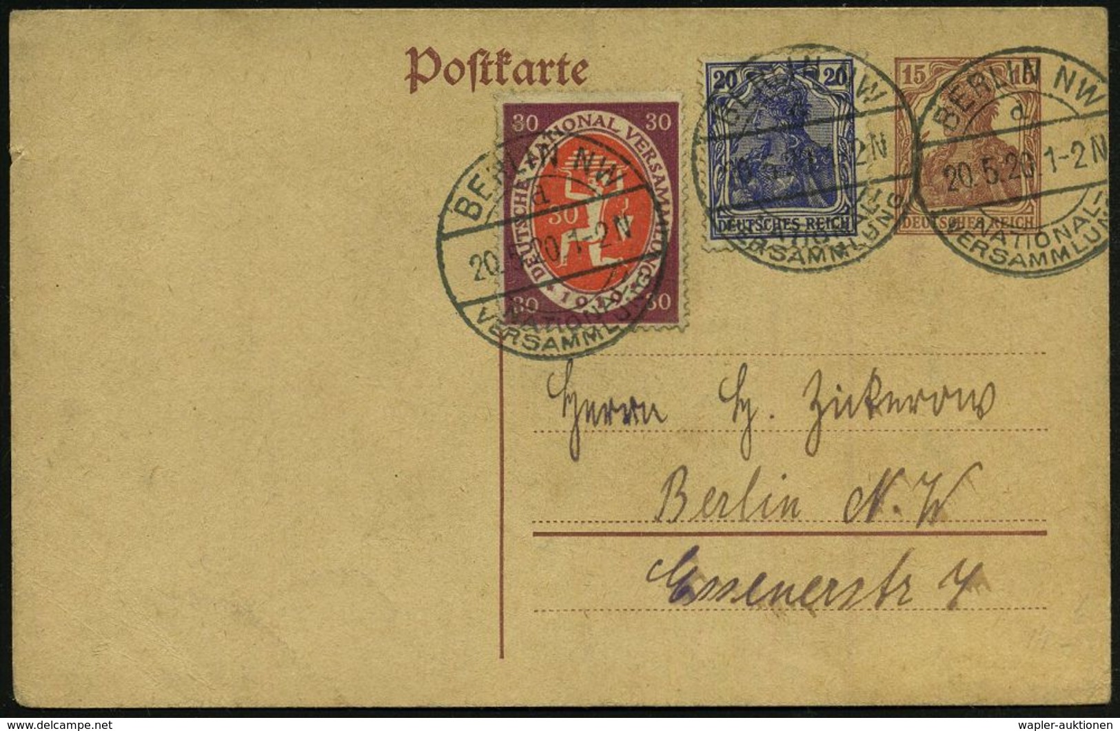 BERLIN NW/ D/ NATIONAL-/ VERSAMMLUNG 1920 (20.5.) Seltener SSt = Hauspostamt Reichstag, Am 21.5. Wird Die National-Vers. - Altri & Non Classificati