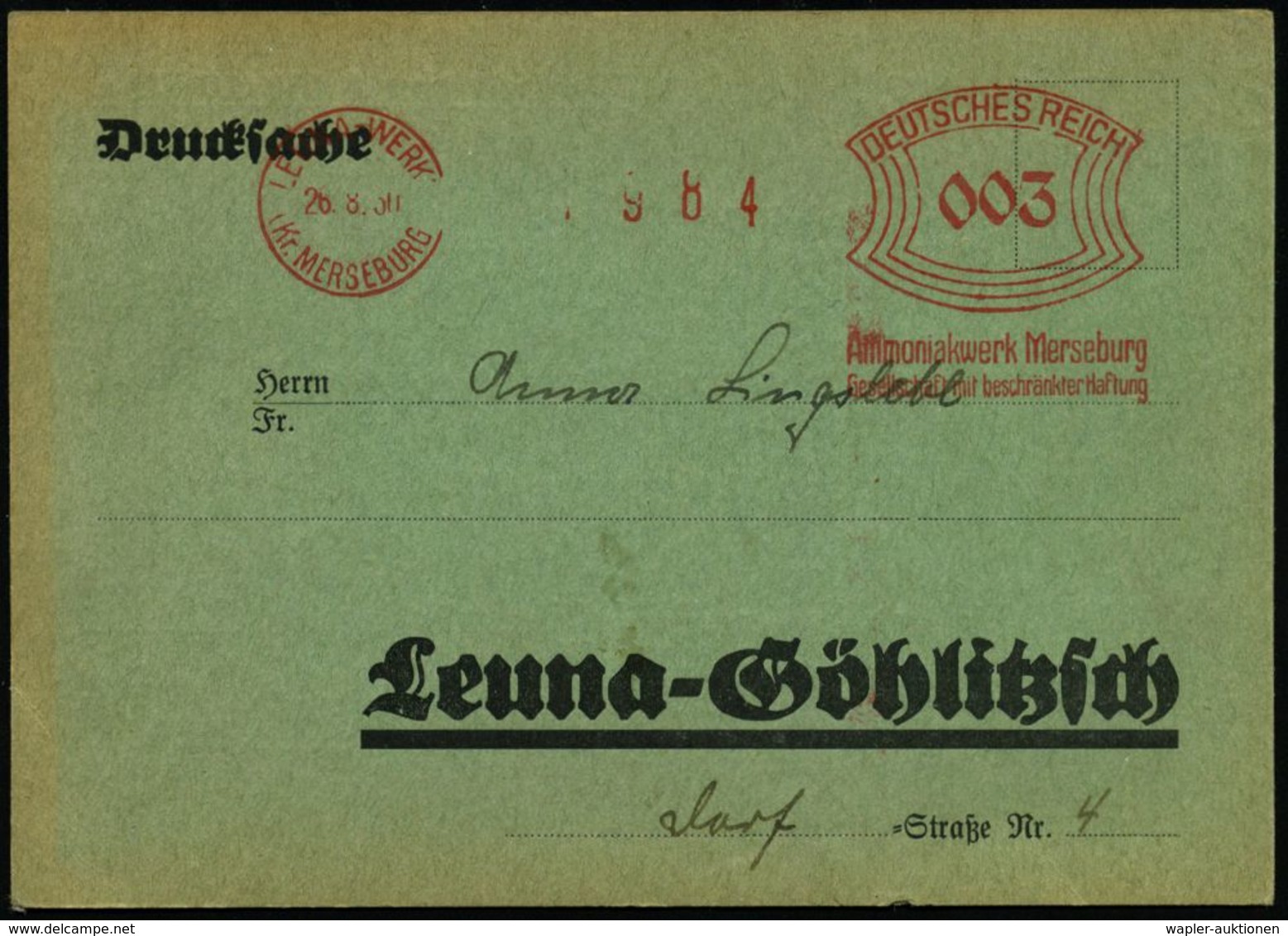 LEUNA-WERKE/ (Kr.MERSEBURG)/ Ammoniakwerk Merseburg/ GmbH 1930 (26.8.) Seltener AFS = Hauspostamt Leuna-Werke, Grüne Vor - Sonstige & Ohne Zuordnung