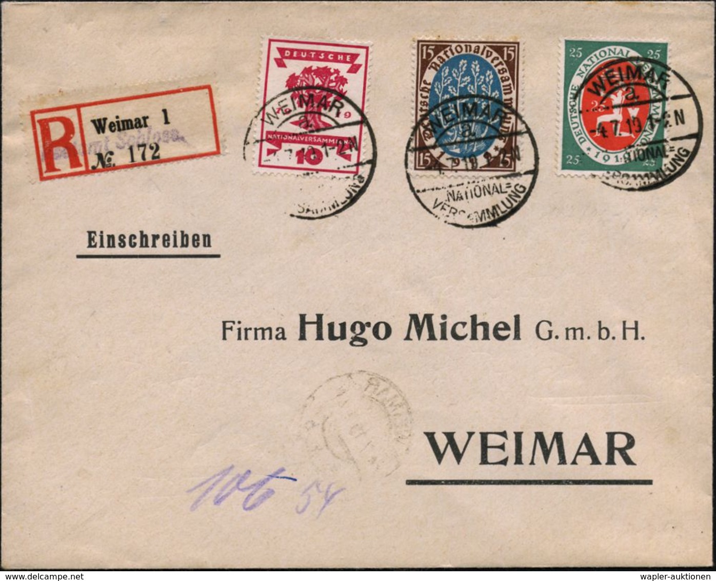 WEIMAR/ A/ NATIONAL=/ VERSAMMLUNG 1919 (4.7.) SSt 3x Auf National-Vers. 10 Pf., 15 Pf. U. 25 Pf. Kurz-Satz (Mi.107/09) T - Andere & Zonder Classificatie